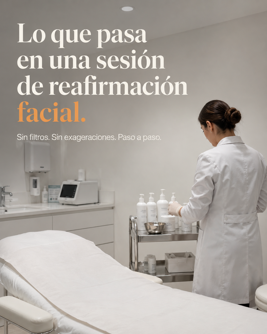 Cabina de estética profesional preparada para tratamiento. Texto: Lo que pasa en una sesión de reafirmación facial.